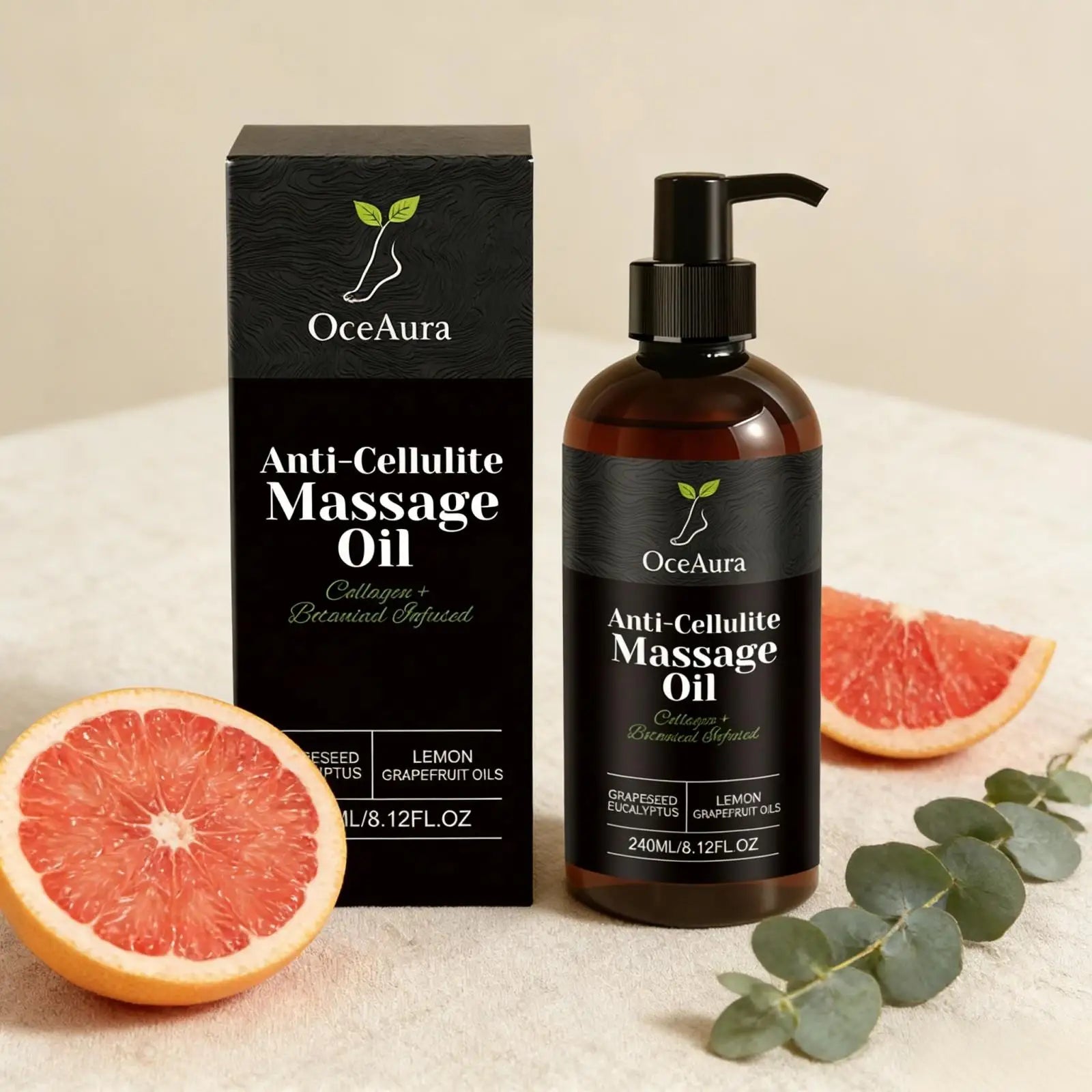 OceAura anti-cellulite firming massage oil with lemon and grapefruit, shown in a clear glass bottle with citrus slices.