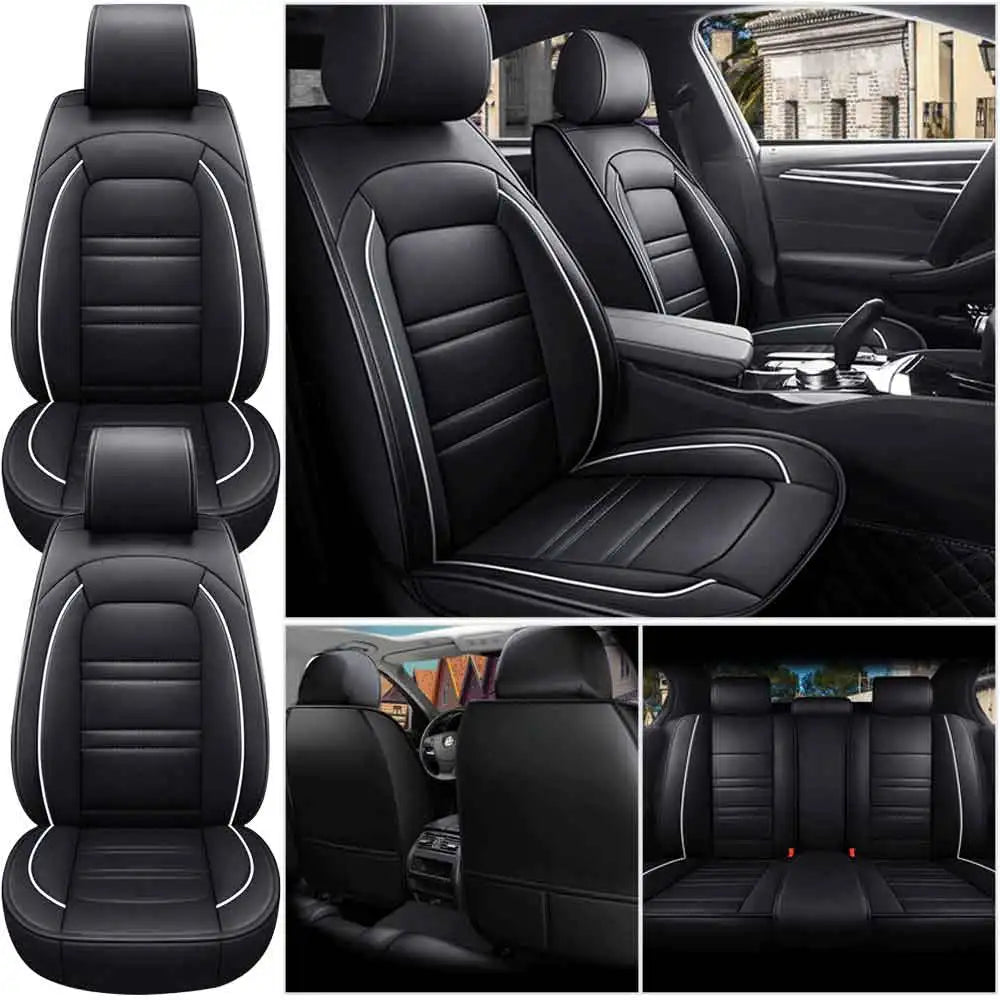 Showlu Universal 5-seat PU leather car seat covers set, full protection for front and rear seats in a sleek black design.