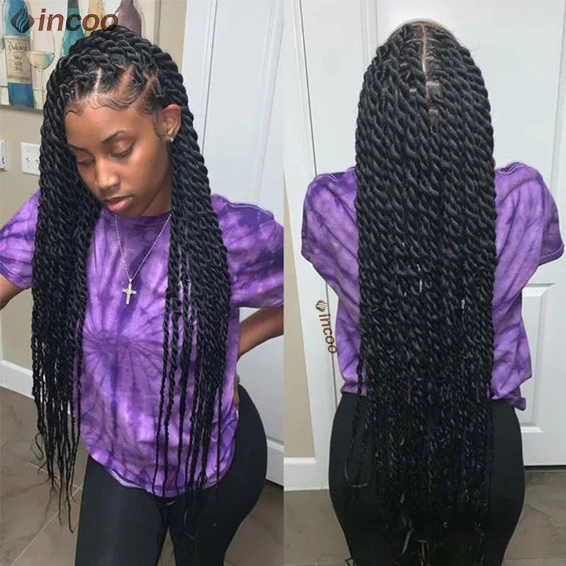Senegalese twist braids lace front wig made of Kanekalon fiber, showing natural hairline and intricate twist pattern.