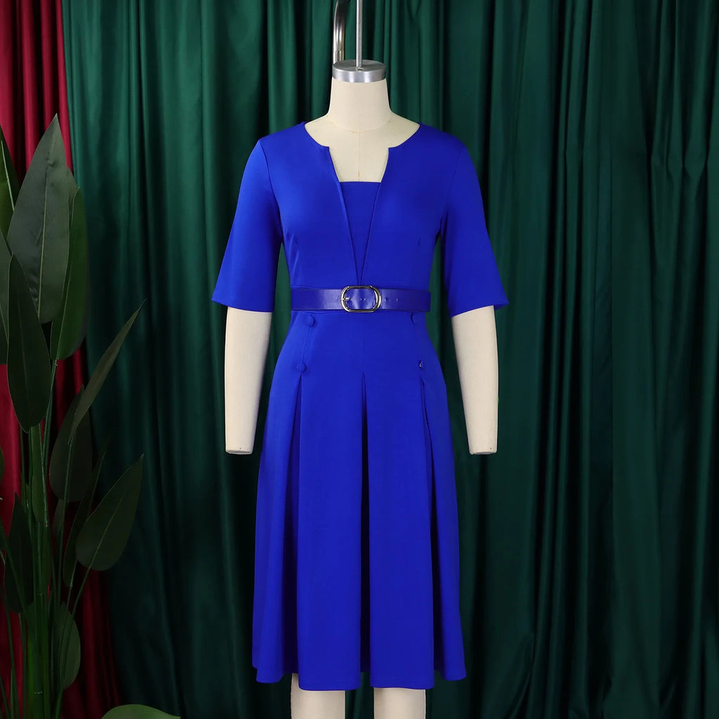 Elegant Office Dresses for Woman V Neck Half Sleeve High Waisted Belt Waisted Pleated Mid Calf Classy Modest Female Work Gowns