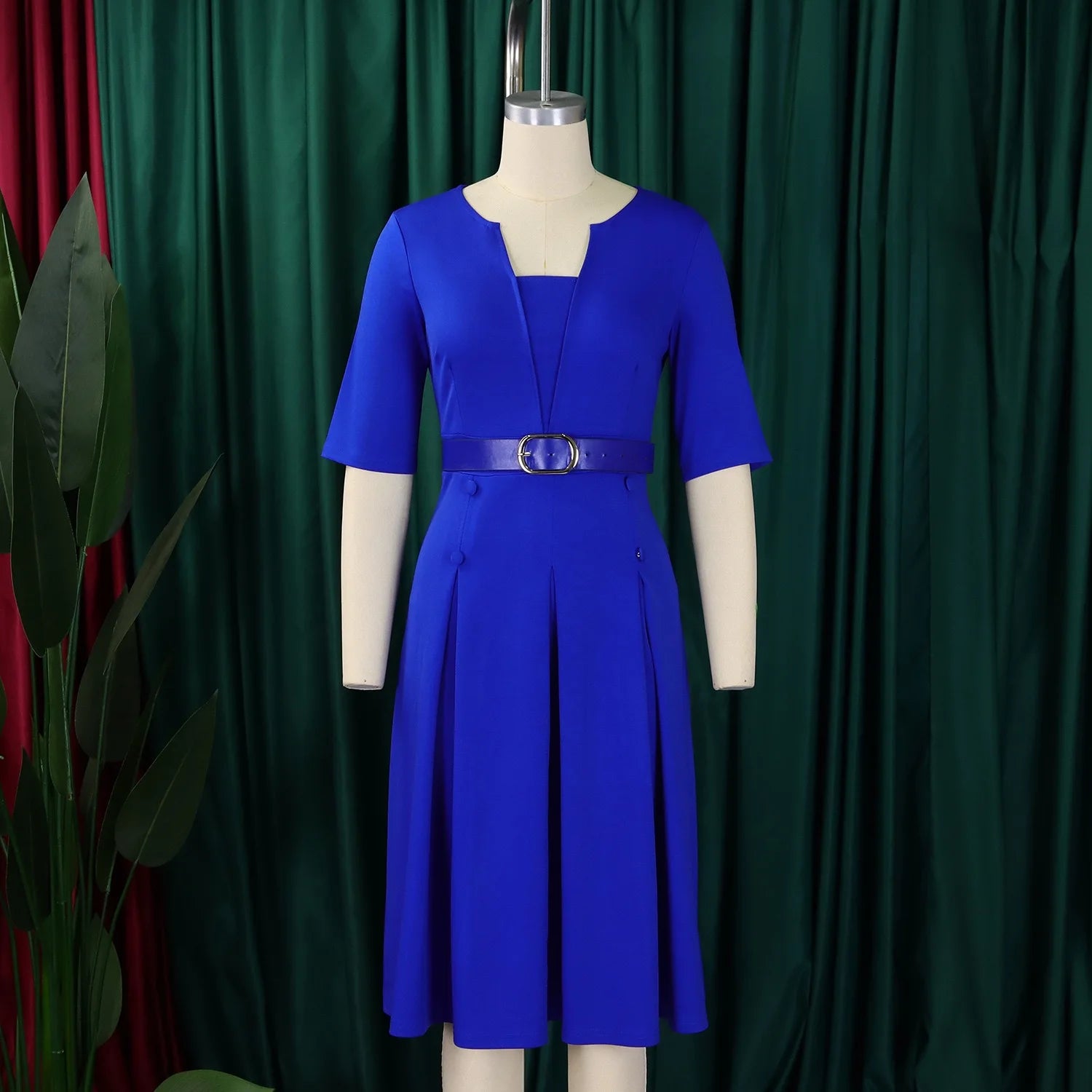 Elegant Office Dresses for Woman V Neck Half Sleeve High Waisted Belt Waisted Pleated Mid Calf Classy Modest Female Work Gowns