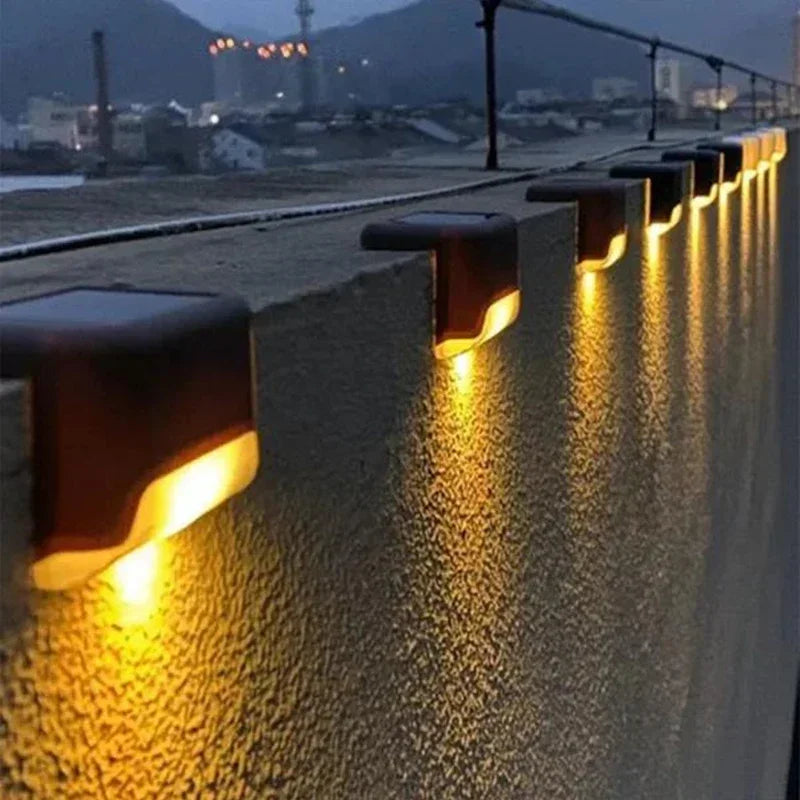 Solar Waterproof Deck Step Lights by Showlu Smart General, showing sleek outdoor LED lights installed on a wooden deck for illumination.