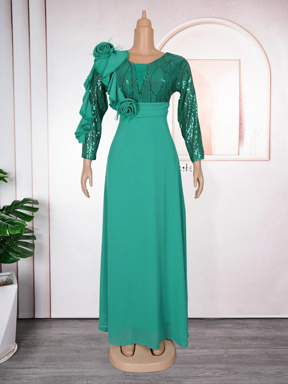 Kalenmos Women's V-Neck Print Maxi Dress by SHOWLU FASHION STORE, elegant A-line style with long sleeves and vibrant print.