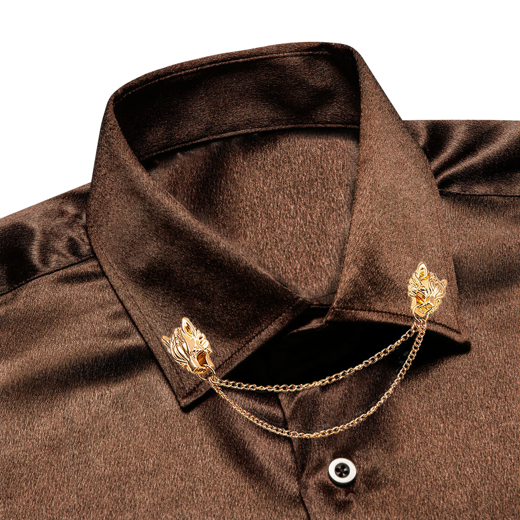 Men's silk slim fit long sleeve shirt by Showlu Fashion with solid jacquard pattern, formal style, and tailored fit.
