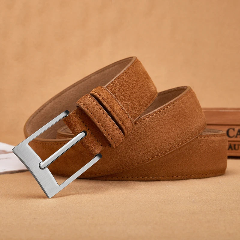 Genuine cow leather belt with classic plaid pattern and pin buckle for men, stylish accessory from Showlu Fashion Store