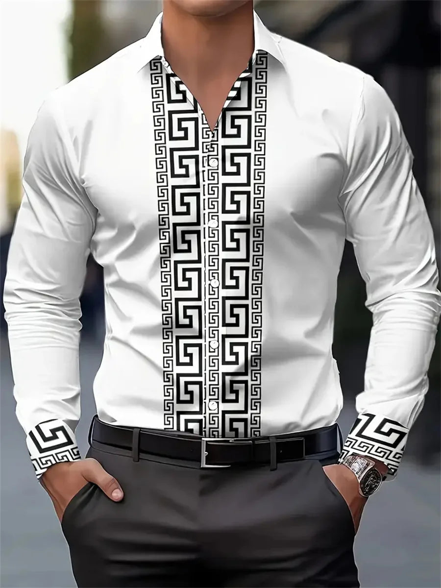 Men's patterned long-sleeved shirt with lapel buttons, stylish casual top from Showlu Fashion Store, comfortable and versatile design.
