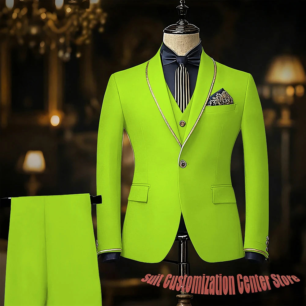 Navy blue men's slim fit wedding tuxedo with jacket, vest, and pants featuring shawl lapel, suitable for groom or prom.