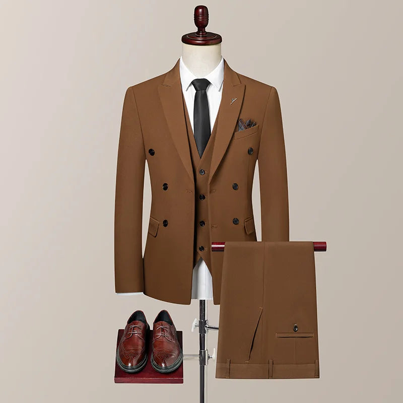 SHOWLU men's slim fit double-breasted 3-piece wedding suit set featuring jacket, vest, and trousers in classic design