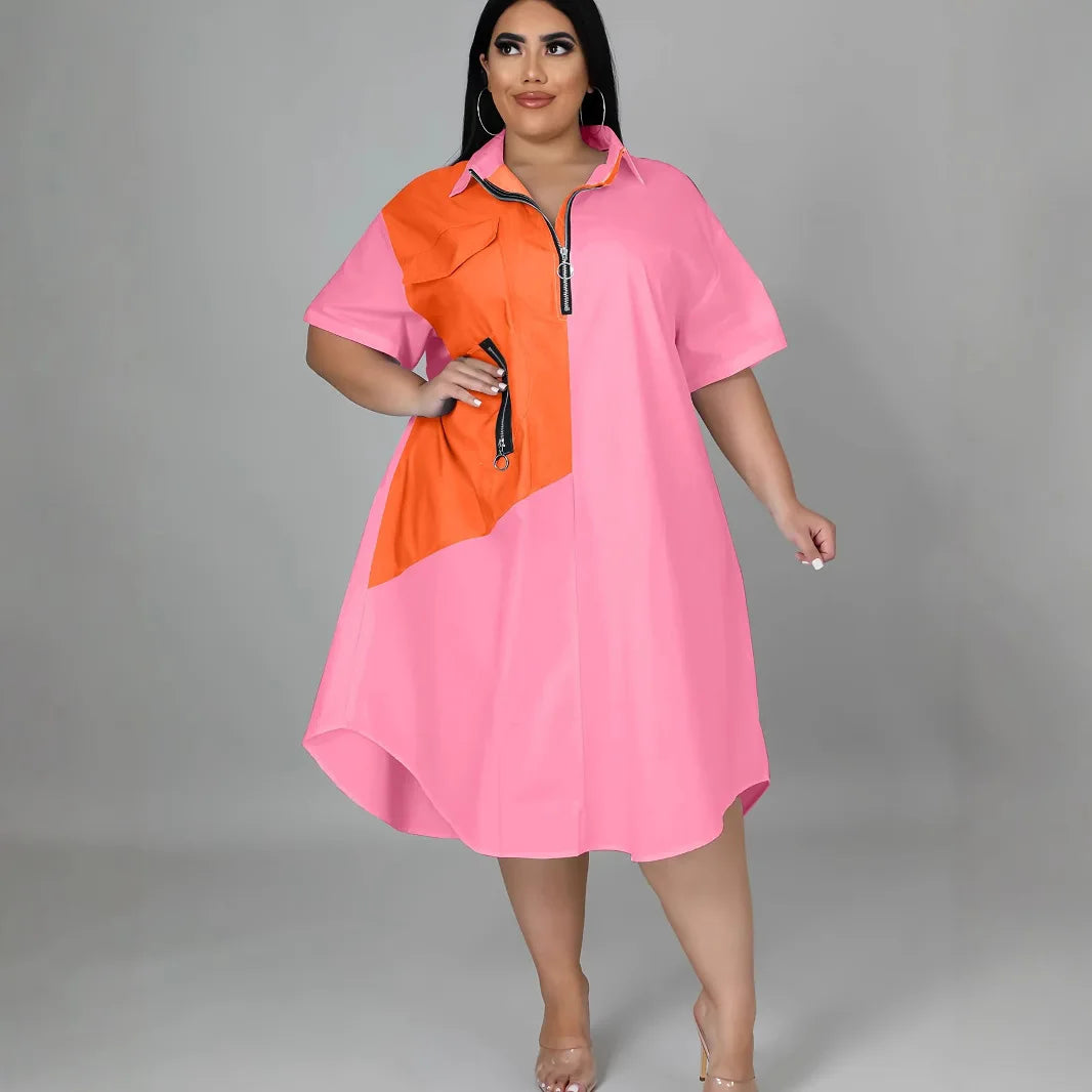 Plus size Showlu Women's loose zipper shirt dress with 3D print, casual style, featuring a relaxed fit and front zipper detail.