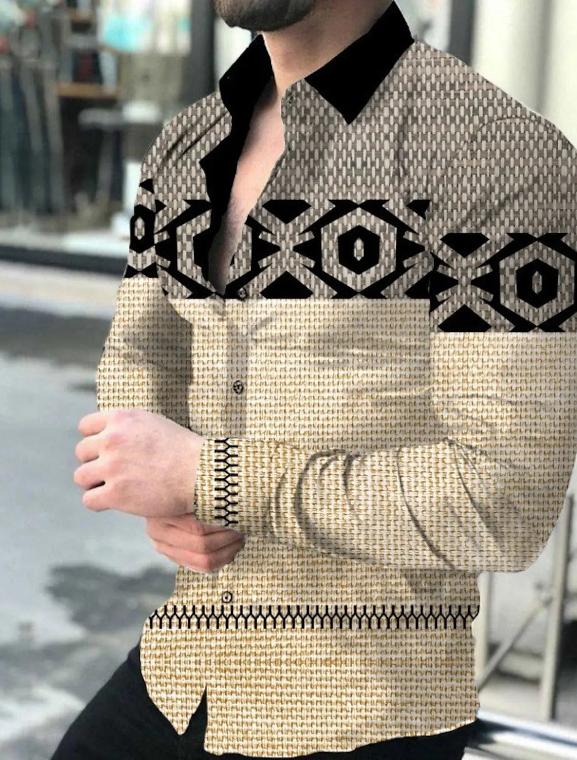 Men's plaid and striped graphic print long sleeve button-down shirt featuring geometric designs, suitable for outdoor and streetwear.