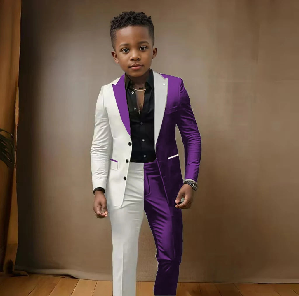 Boy's blazer suit set with matching pants, slim fit casual and wedding attire for boys ages 3 to 16, suitable for events and performances.