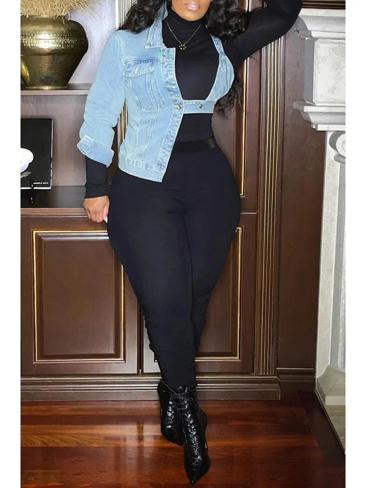 Women's one-shoulder denim bra jacket by QINGSHUJI, blue streetwear style, shown on model with fashionable urban look.