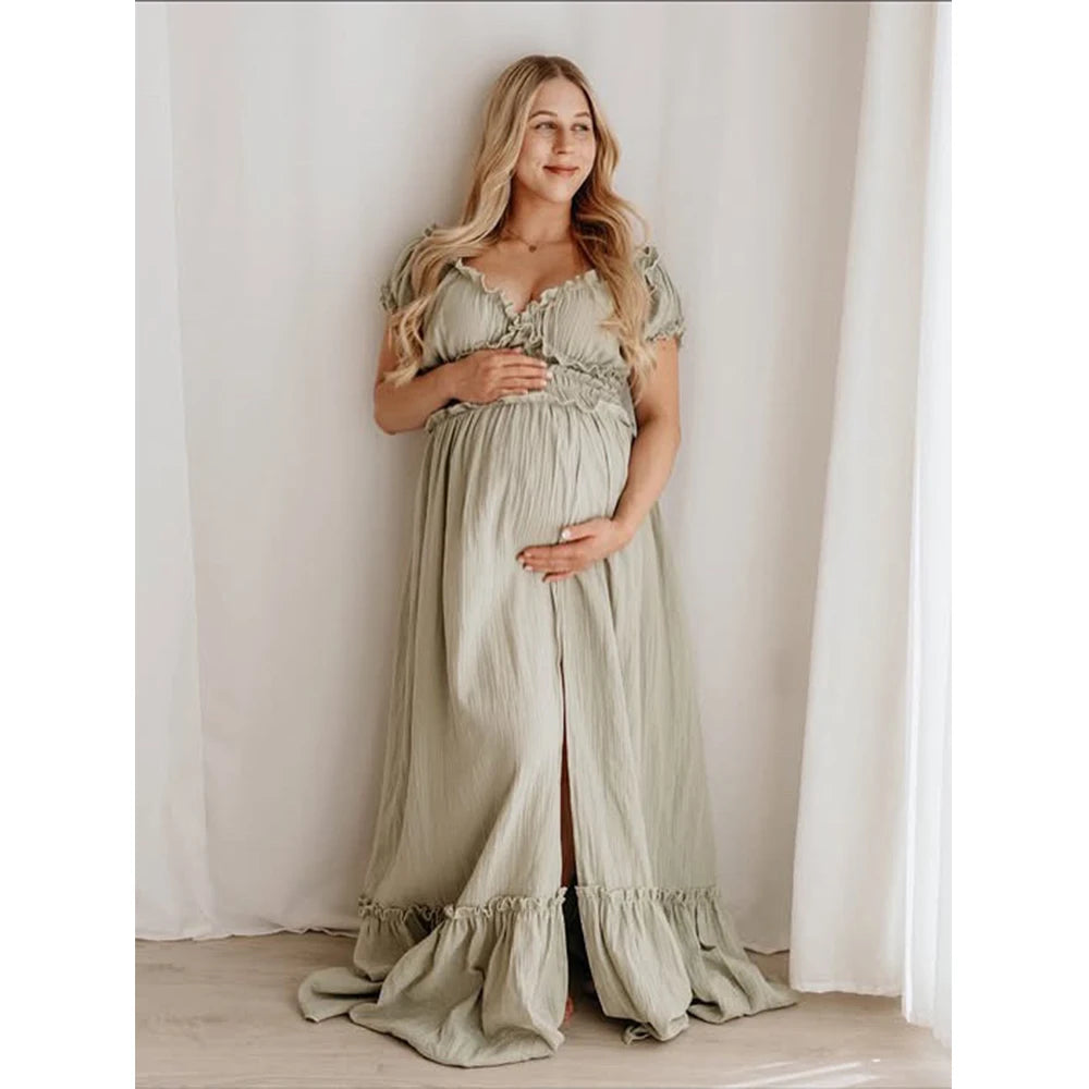 Showlu Bohemian maternity maxi gown with off-shoulder ruffled design, perfect for photos and special occasions.