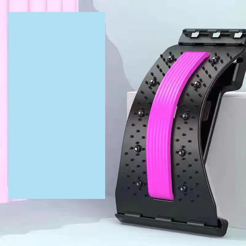 Magnetic lumbar support back stretcher and massager with ergonomic design for back relief and spinal alignment.