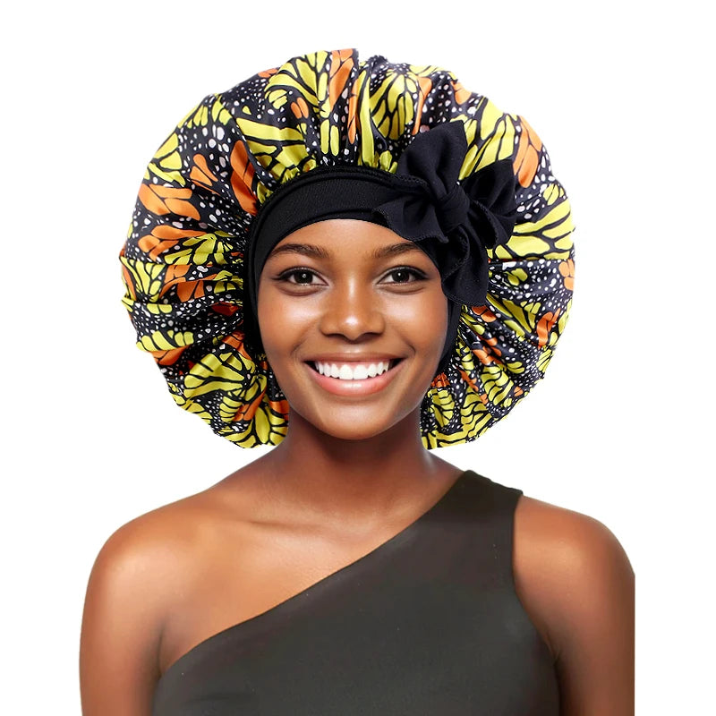 African large satin ribbon sleep cap with elastic band, women’s head wrap and turban for night sleeping or chemo care.
