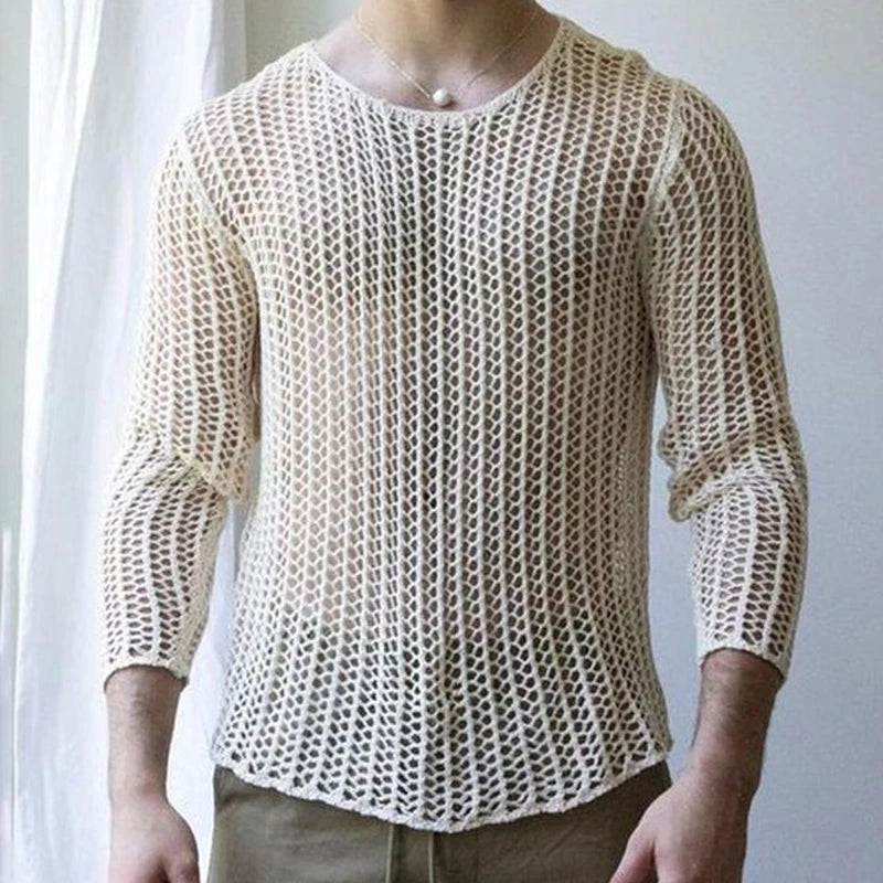 Mens Long Sleeve T-Shirts Sexy Sheer Mesh Fishnet Clubwear Tops Tee Outwear Gym Training  Hollow Out See Through Tops