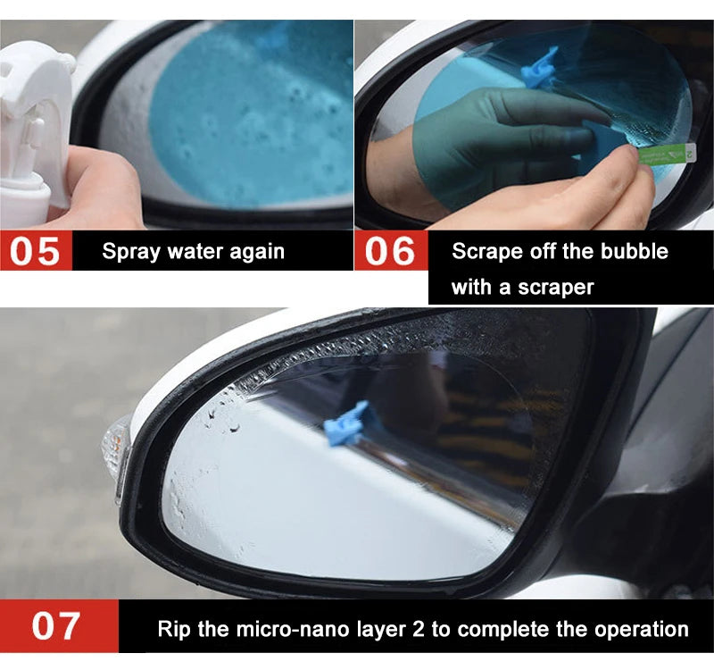 Showlu Smart General car rearview mirror anti-fog rainproof film set showing clear, weather-resistant film for improved visibility