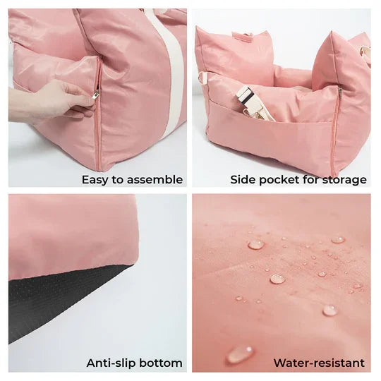 Waterproof dog car seat cover made of Oxford fabric, designed for pets, providing a comfortable travel bed inside a vehicle.