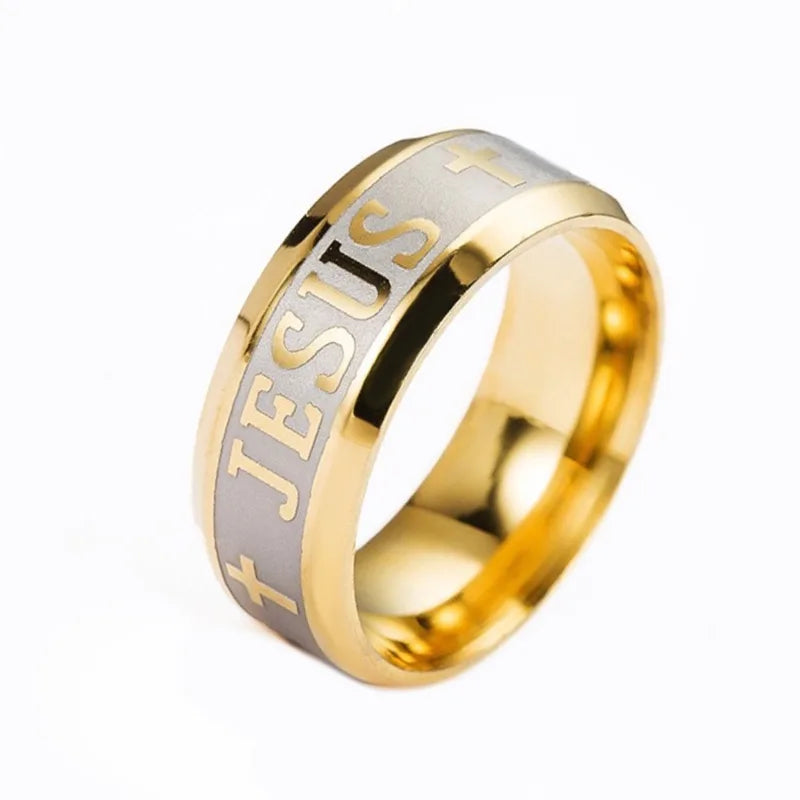 Showlu stainless steel 8mm Jesus cross ring with Christian religious design, featuring a polished band and detailed cross engraving.