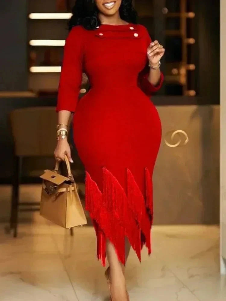 Red tassel backless formal dress by SHOWLU FASHION STORE featuring slim fit design and lace-up detail for elegant parties.