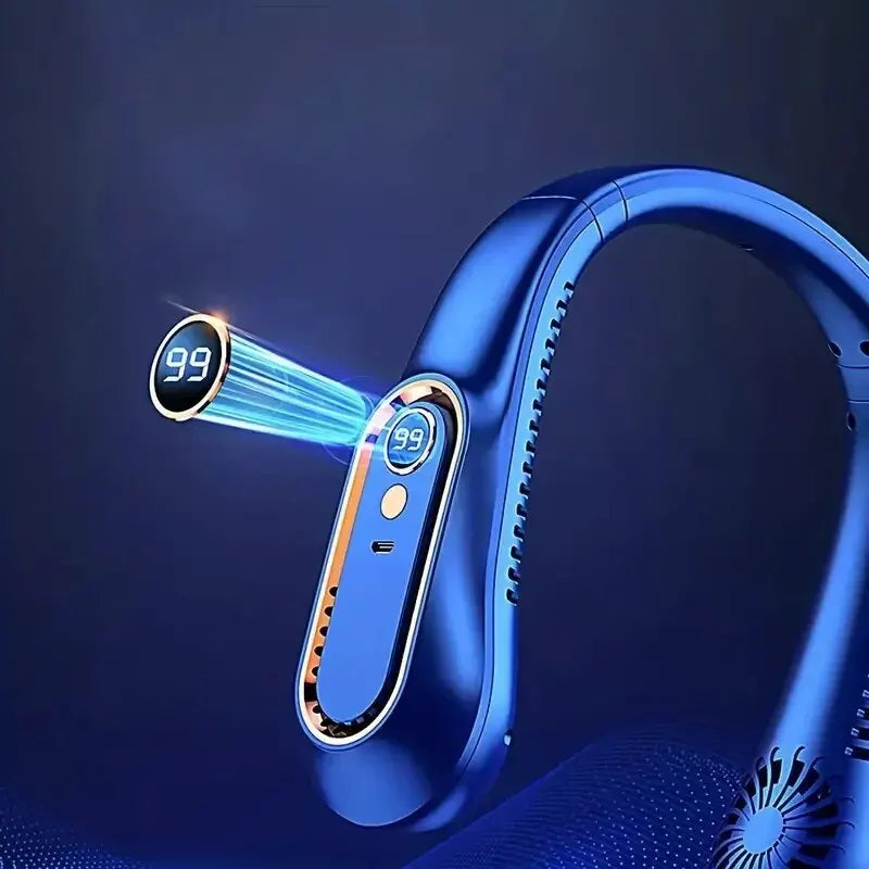 Showlu Smart portable neck fan with 5-speed USB rechargeable design and 4000mAh battery, shown worn around the neck.