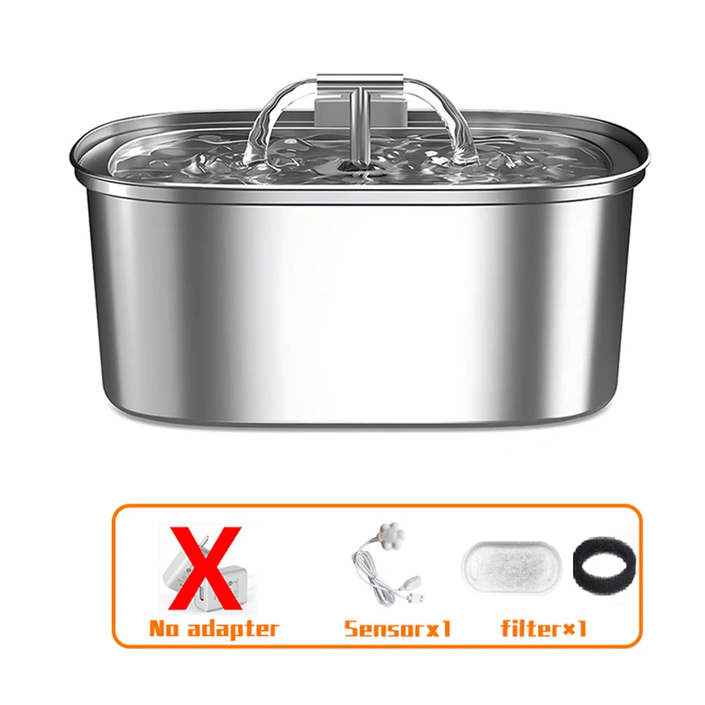 Showlu stainless steel cat water fountain with quiet pump and multi-tiered design, providing fresh water for pets.