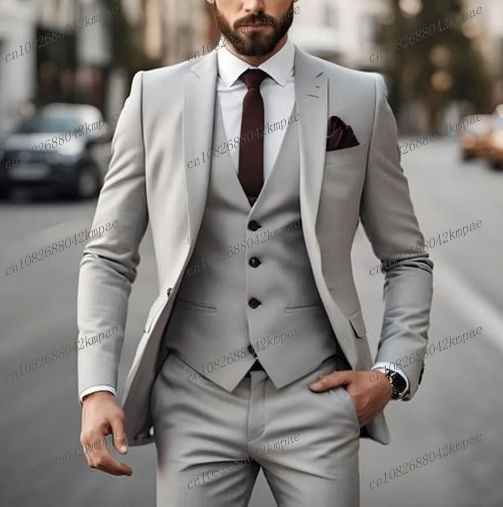 Orange men's formal suit, 3-piece tuxedo set with blazer, vest, and pants, ideal for weddings, proms, or business occasions.