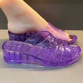 Lorilury women's transparent jelly slippers with glitter wedge heel mules, stylish and comfortable for casual wear.