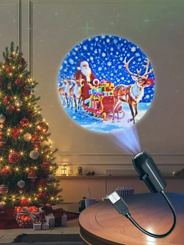 USB projector light featuring Christmas elk and Santa Claus patterns, ideal for room ceiling or window decor with switchable LED projections.
