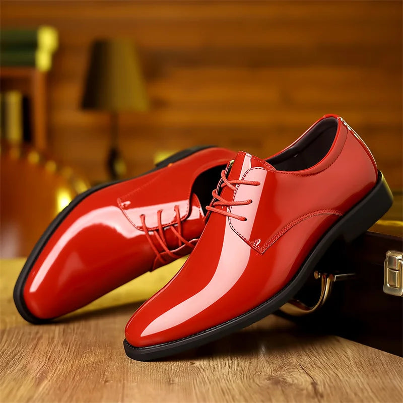 Men's pointed toe dress shoes in red PU leather with lace-up design by Showlu Fashion Store