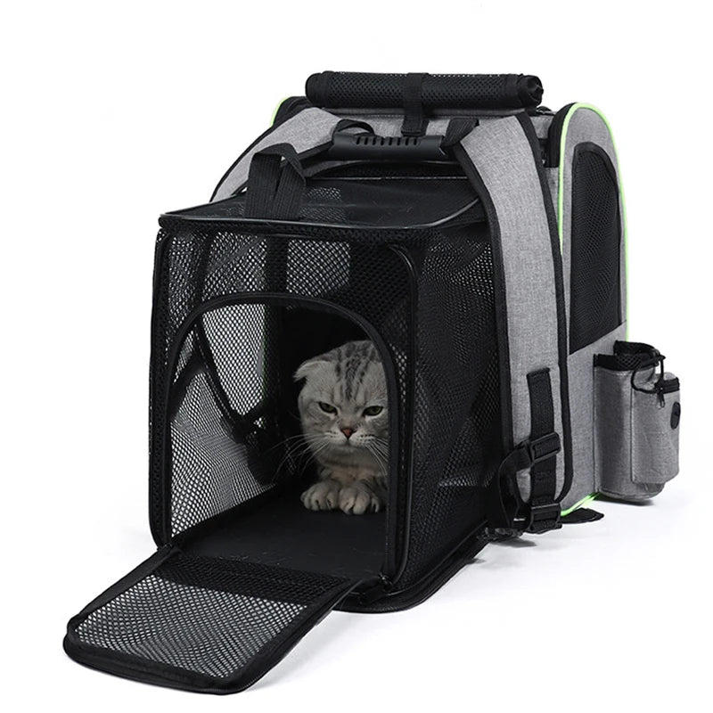 Showlu Fashion Store JTPAWS expandable cat carrier backpack with breathable Oxford mesh for comfortable pet transport.
