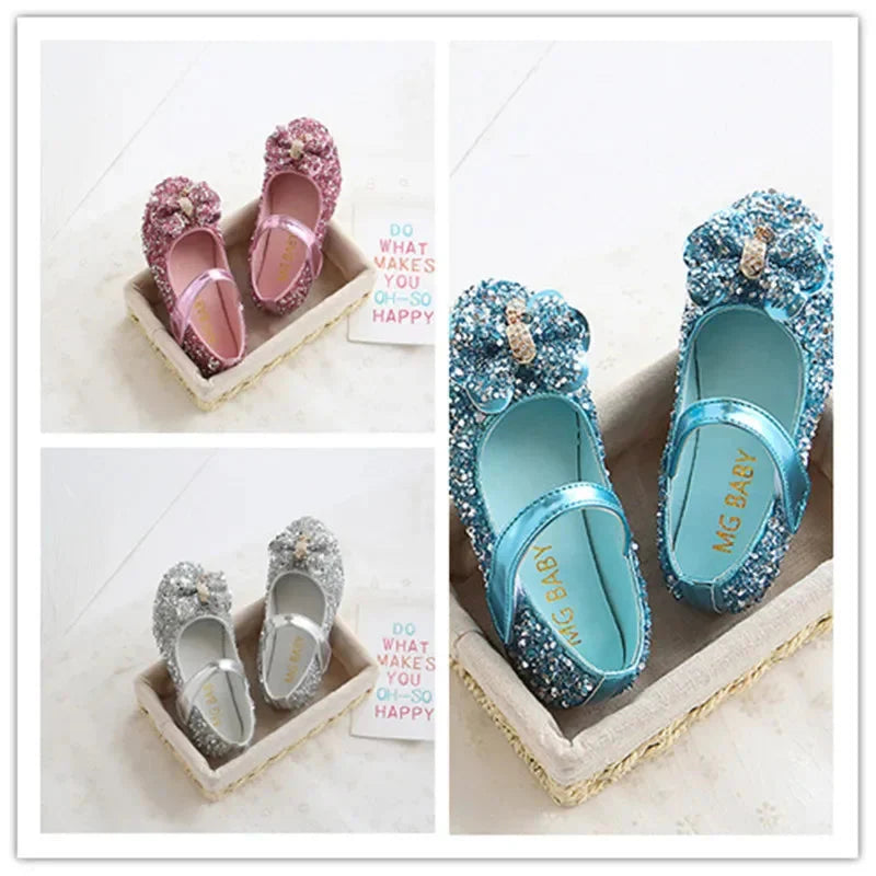 Showlu Girls sequin rhinestone princess flats made of PU leather, featuring sparkling embellishments and a comfortable kids' shoe design.
