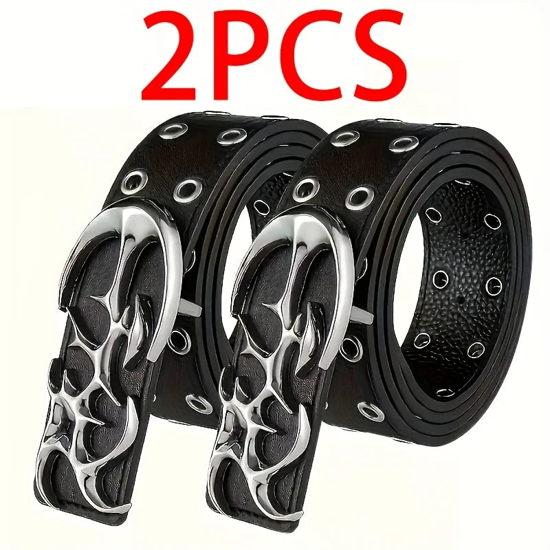 Y2K hollow PU leather punk belt for men and women, trendy plus size waist accessory with a stylish design.