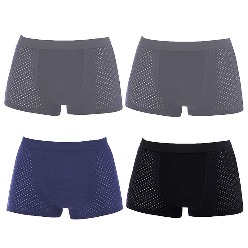 Men's bamboo boxer briefs by Showlu Fashion with breathable mesh pouch, shown in a 4-pack, in black and gray colors.