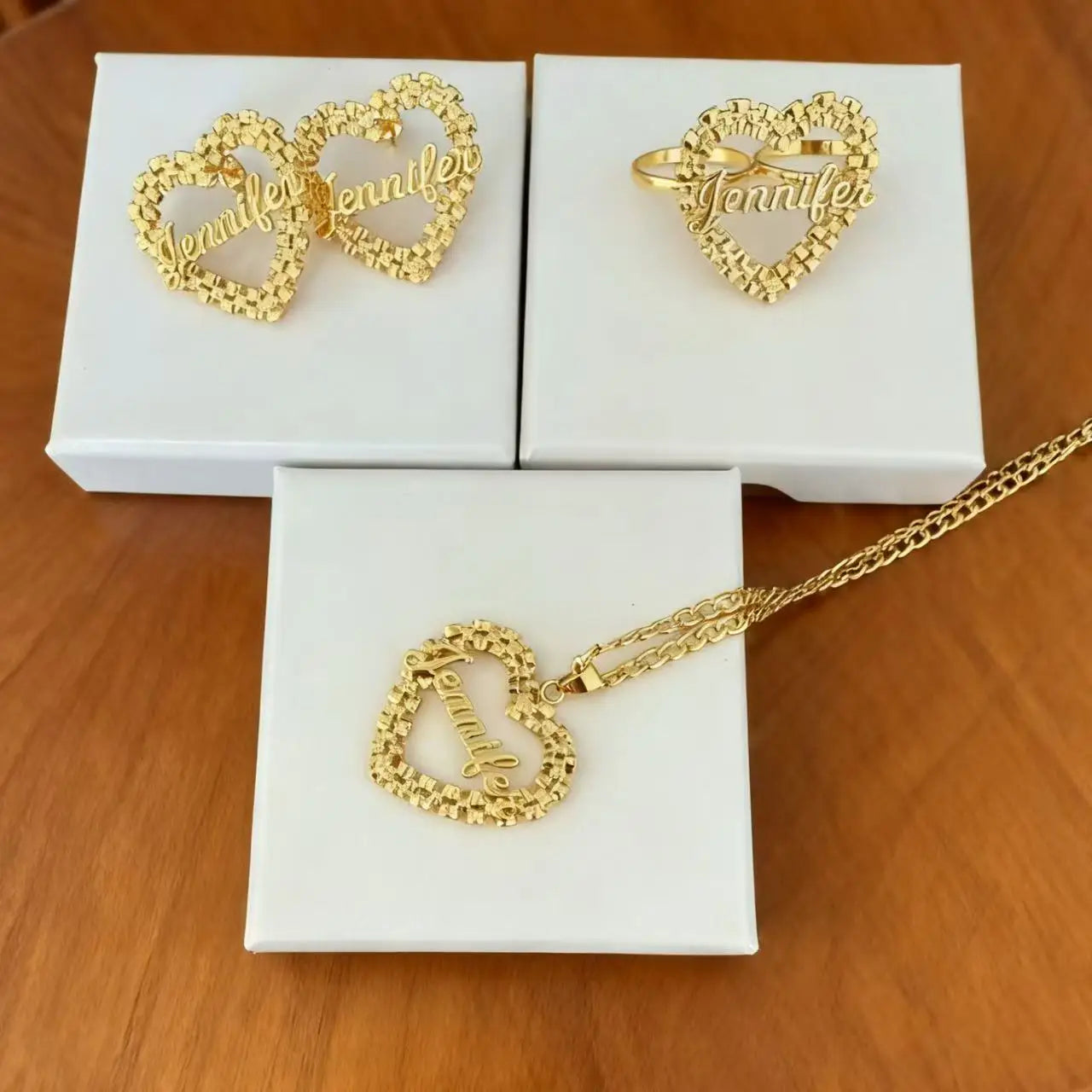 Personalized heart name jewelry set by Showlu Fashion, includes custom necklace and matching earrings with engraved names.