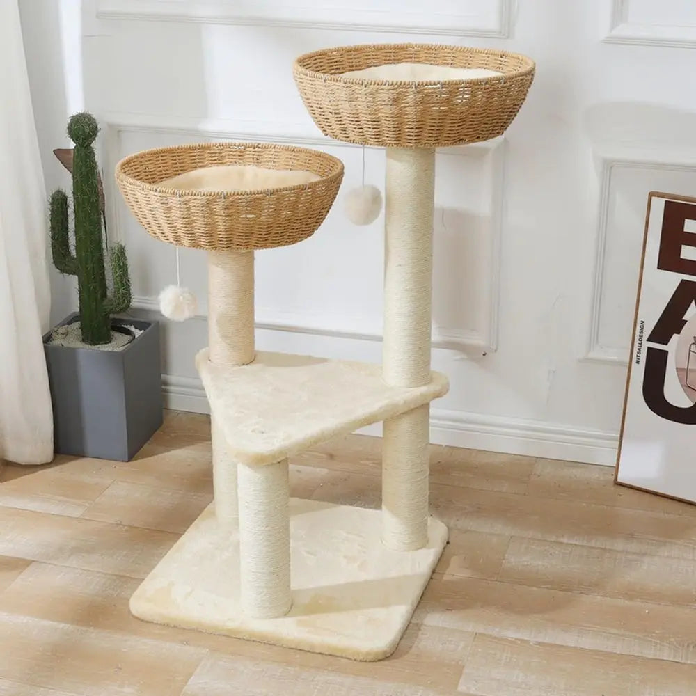 ShengoCase cat tree tower with rattan wicker basket bed for large cats, featuring multiple platforms and cozy lounging areas