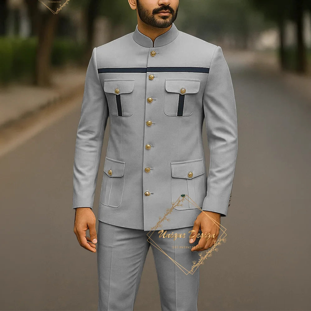 Ivory formal safari suit for men, custom-made Indian wedding groom 2-piece set with jacket and pants, slim fit party dress.