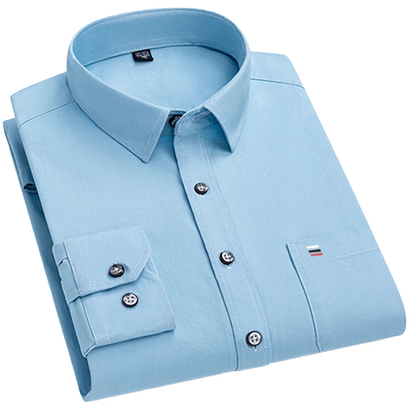 Men's slim fit long sleeve shirt by Showlu Fashion Store, lightweight solid color casual and business shirt for spring and summer.