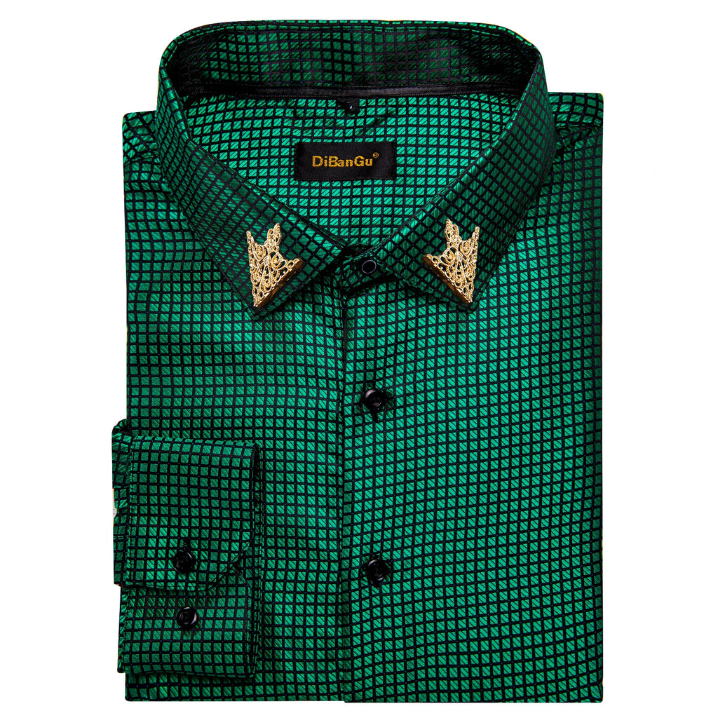 Men's patterned brocade shirt with gold crown collar accents, ideal for formal weddings and luxury galas, by Showlu Fashion.