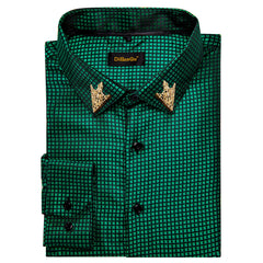 Men's Patterned Brocade Shirt with Gold Crown Collar Accents: Perfect for Luxury Galas, Formal Weddings
