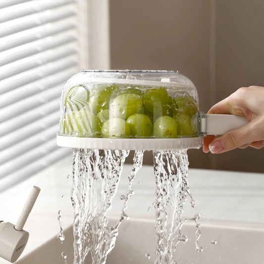 Folding Handle Drain Basket with Lid Fruit Vegetable Washing Bowl Kitchen Washing Basket Plastic Colander Water-Filtering Basin