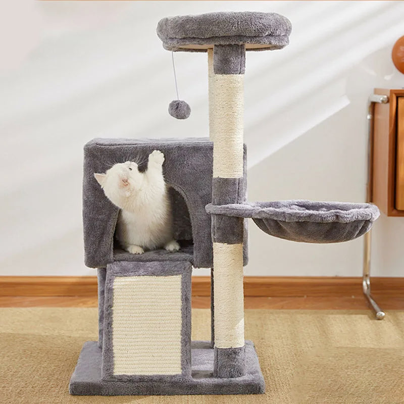 Showlu 3-Tier Wood Cat Tree Tower with double condos and sisal posts, offering climbing and resting spots for cats.