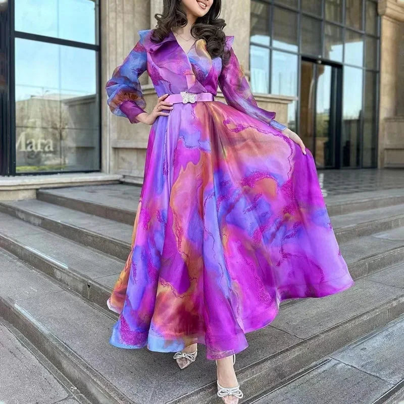 SHOWLU FASHION women's printed A-line dress with long sleeves, suitable for office wear, shown in a stylish, flowy design.