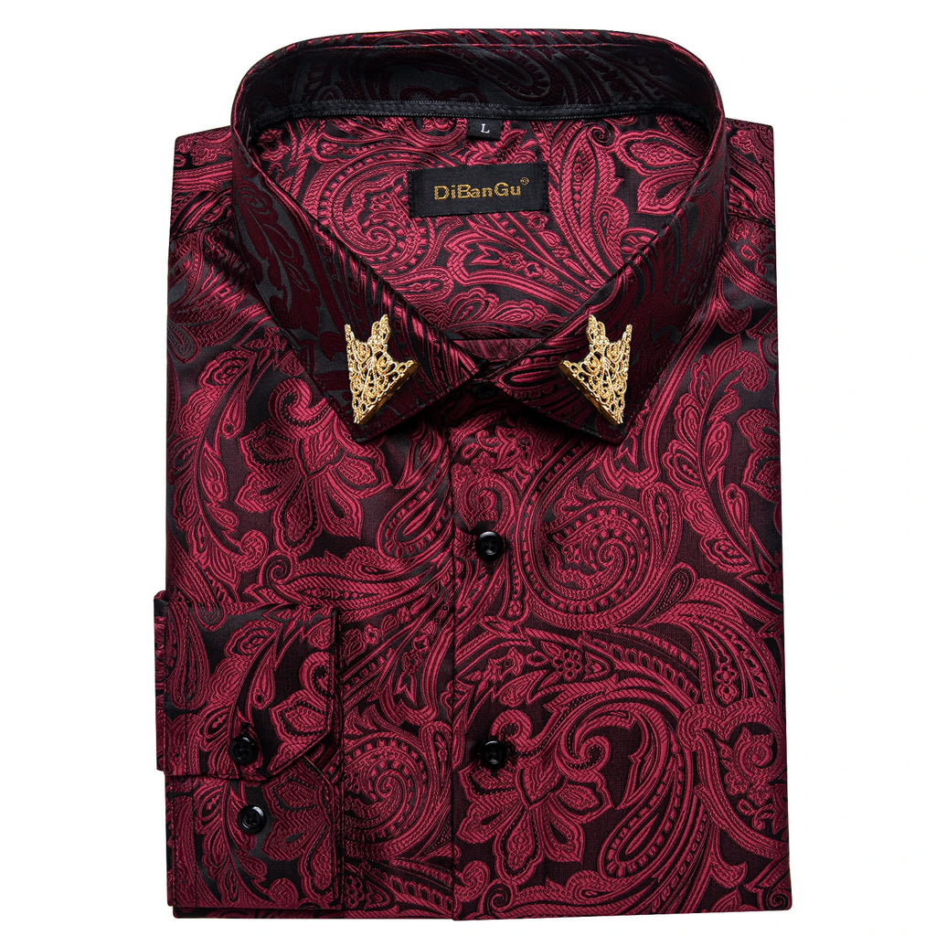 Men's patterned brocade shirt with gold crown collar accents, ideal for luxury galas and formal weddings, by Showlu Fashion.