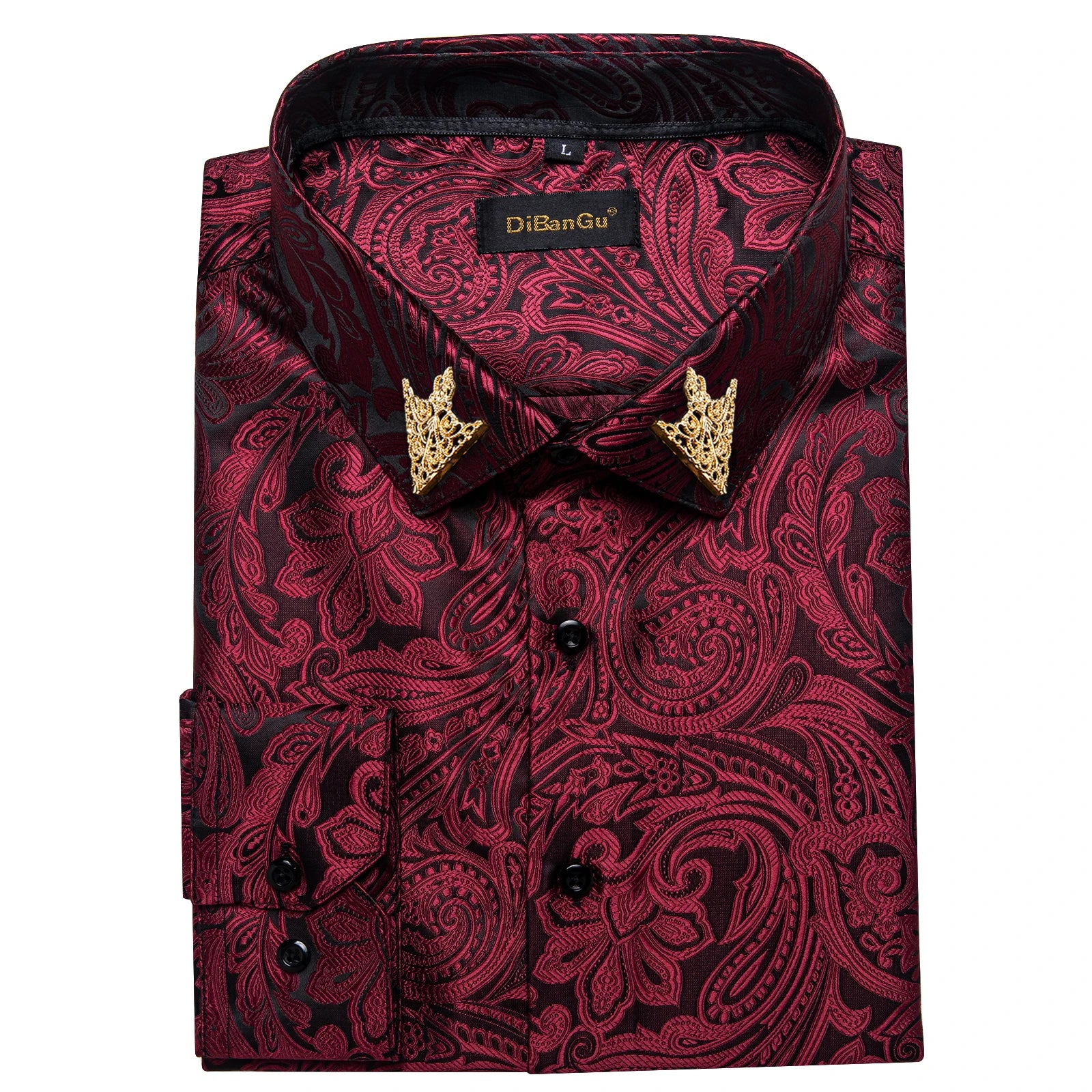 Men's patterned brocade shirt with gold crown collar accents, ideal for luxury galas and formal weddings, by Showlu Fashion.