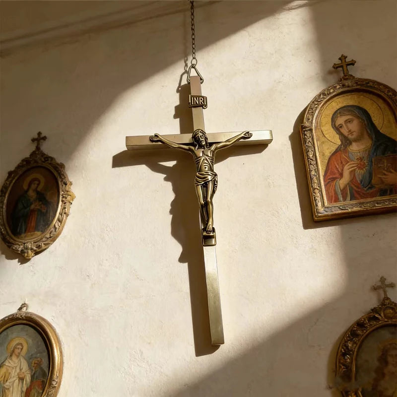 Showlu Metal Wall Crucifix Cross with INRI inscription, featuring Jesus Christ Catholic decor in detailed metal craftsmanship.