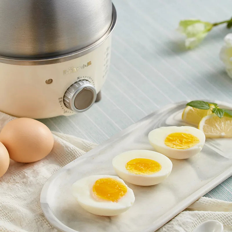 Showlu Smart Electric Egg Boiler with 360W stainless steel design, cooks 4-6 eggs with timer, compact kitchen appliance