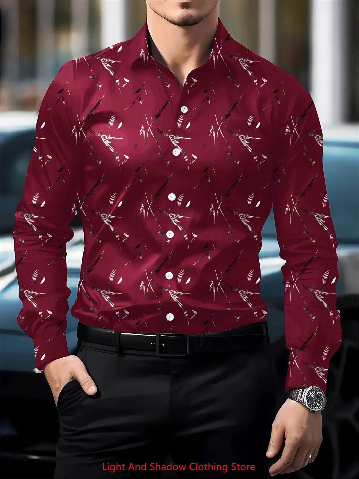 Showlu men's printed silk casual shirt with long sleeves, button-up front, and lapel, featuring stylish printed design.