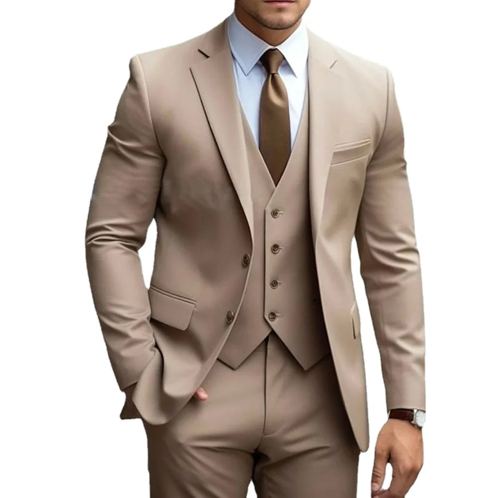 New Khaki Men's Suits 3 Piece Formal Outfits Elegant Blazer Single Breasted Notch Lapel Slim Fit Costume (Jacket+Pants+Vest)