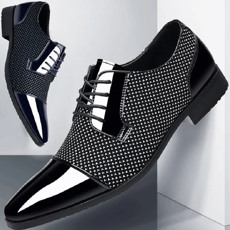 Black patent leather men's dress shoes with pointed toe and sleek formal Oxford design by Showlu Fashion Store.